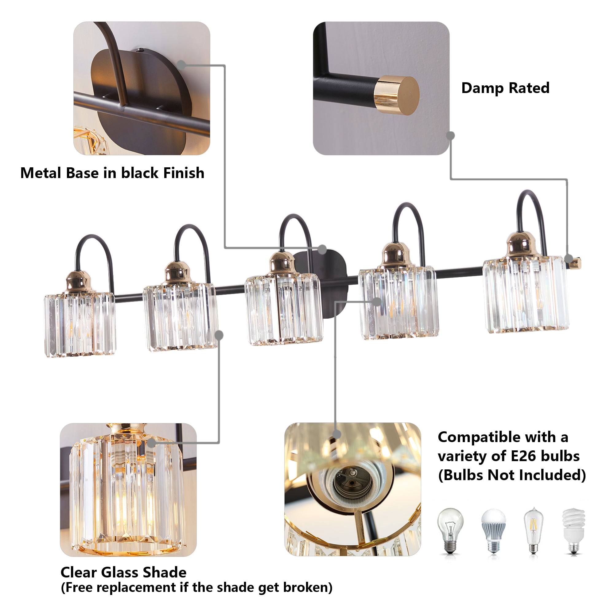 ExBrite 41" W 5 Lights Rose Gold Vanity Light for Bathroom - Black and Gold Finish