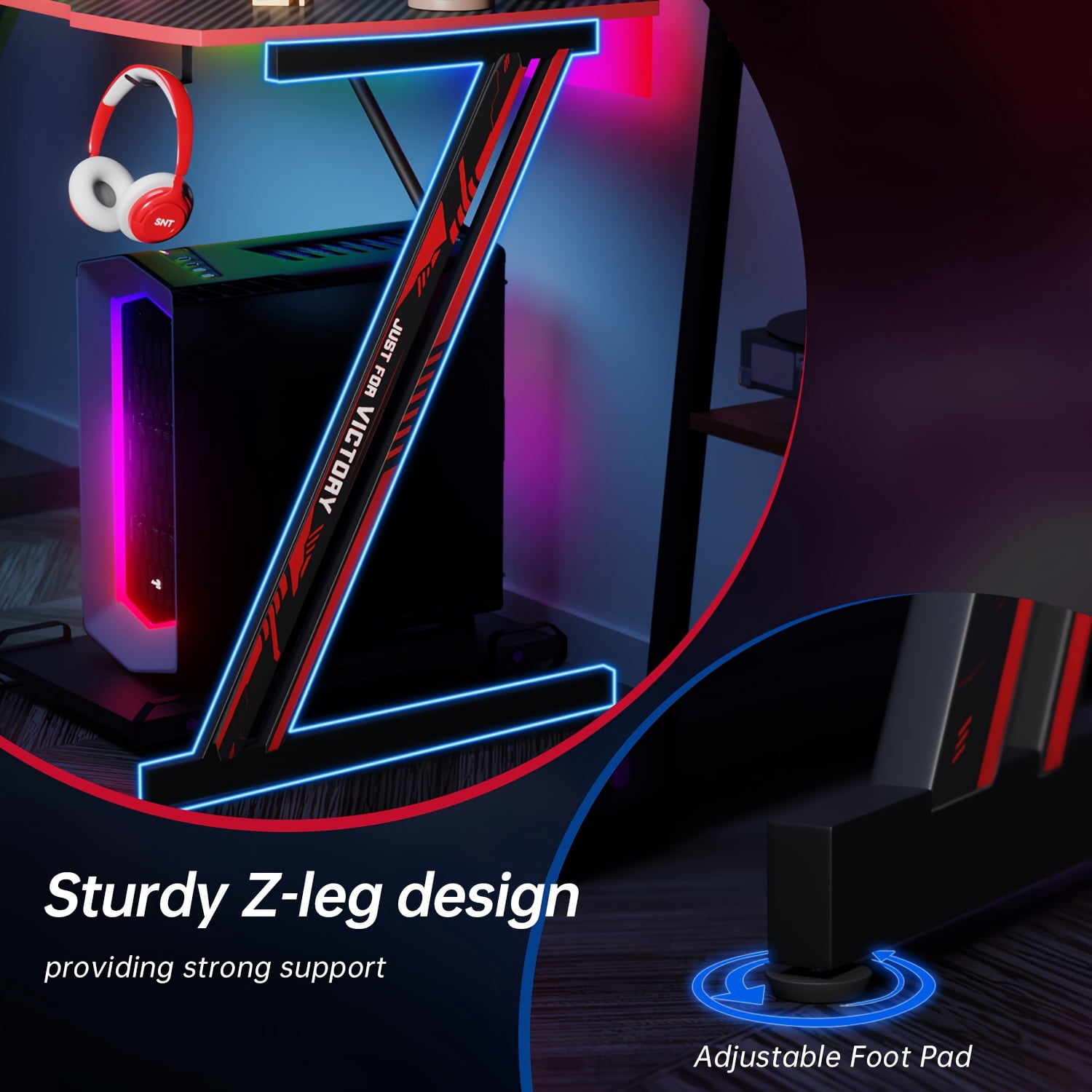 47" Gaming Desk Z Shaped Gaming Desk Large Home Office Desks PC Computer Desk Workstation Study Desk Table Ergonomic Gamer Desk Wood Writing Desk with Headphone Hook for Game Player, Red