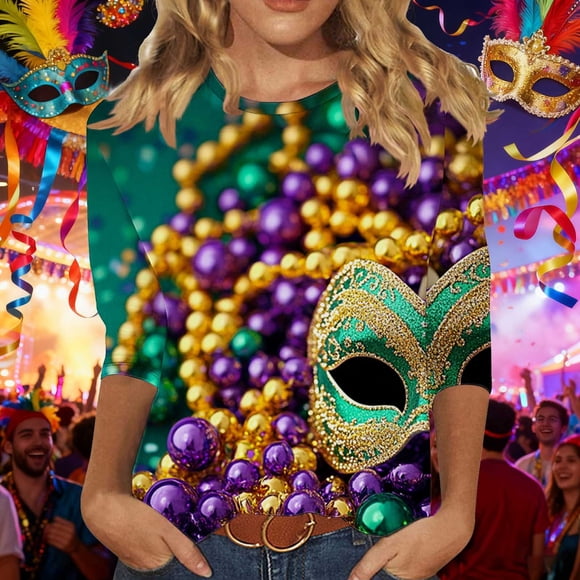 Ounisa 2025 Womens 3/4 Sleeve Tops Mardi Gras Costumes Fashion Round Neck Color Printed Blouse