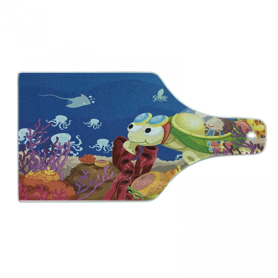 Turtle Cutting Board, Funny Character Carrying Underwater Coral Reef Octopus Design, Decorative Tempered Glass Cutting and Serving Board, Wine Bottle Shape, Multicolor, by Ambesonne