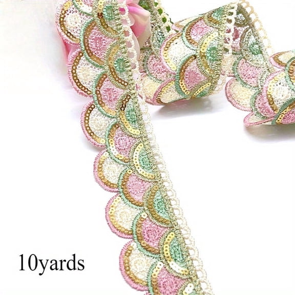 10 Yards Pink Sparkle Polyester Lace Ribbon, 1.6"W Multicolor Sequin Trim Ribbon, Flower Edge Wave Paillette Ribbon for Holiday Gift Wrapping, Christmas Crafts, Clothing, Sewing & Party Decorations