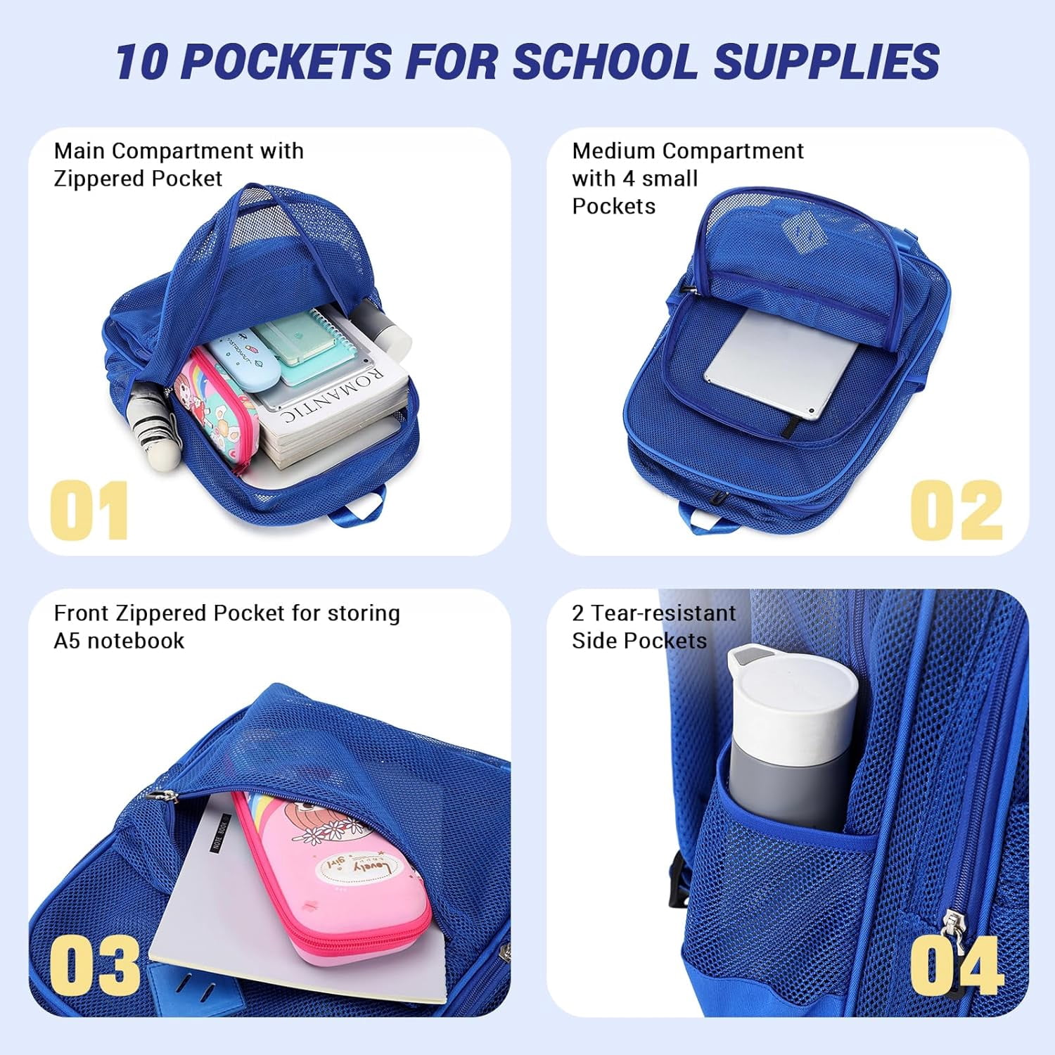 DAKIMOE Mesh Backpack School Backpack Bookbag Heavy Duty See Through Transparent Backpack Stadium Approved Large Capacity with Multiple Compartments Pockets for School Beach Swimming Sports Work