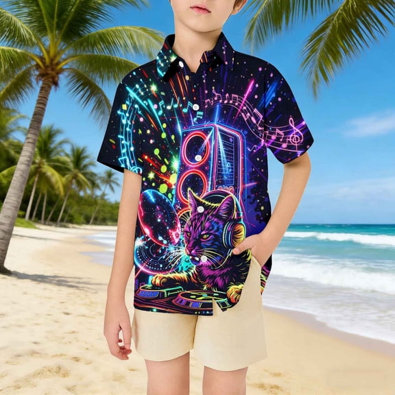 Boys T Shirts Boys Neon Music Cat Print Short Sleeve Open Front Shirt Boys' Tops Multicolour 5-6 Years