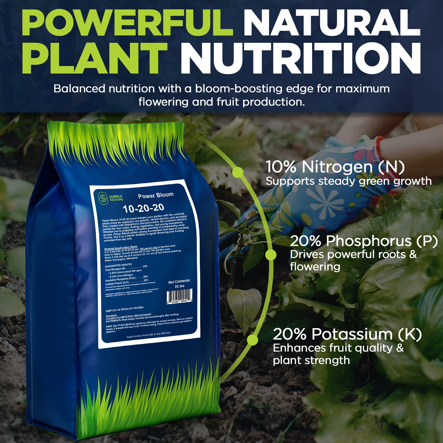Supply Solutions | Power Bloom 10-20-20 Fertilizer | Bloom Booster Fertilizer for Flowers and Plants, High Phosphorus NPK Fertilizer for Vegetable Garden, Fruit Tree and Flower Fertilizer - 25lbs