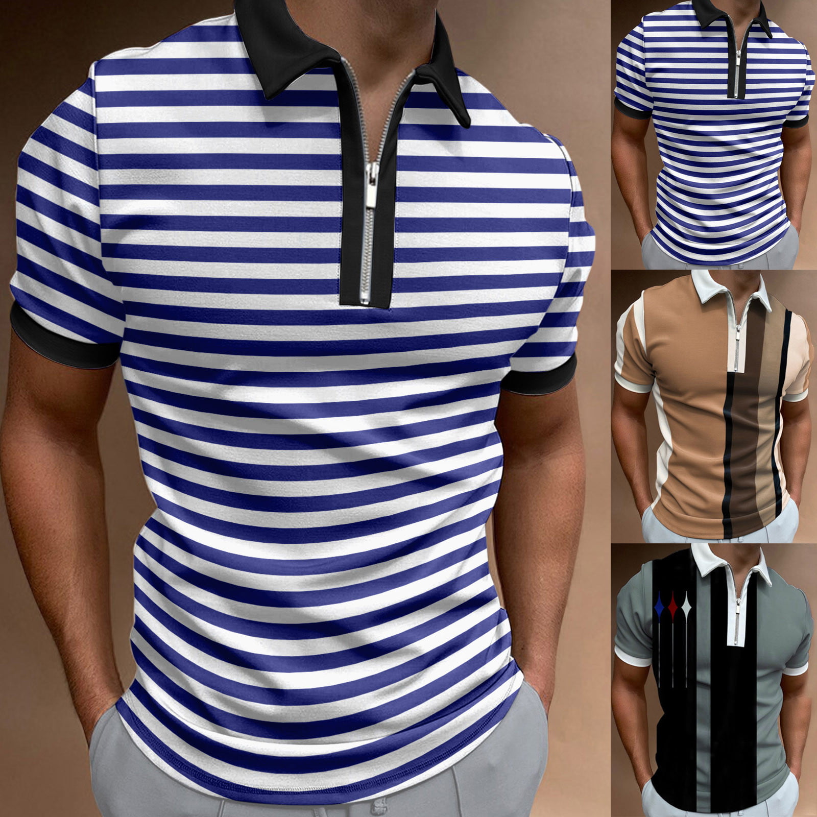 outfmvch polo shirts for men casual splice strip zipper turn-down collar long  sleeve polos shirt womens tops brown 