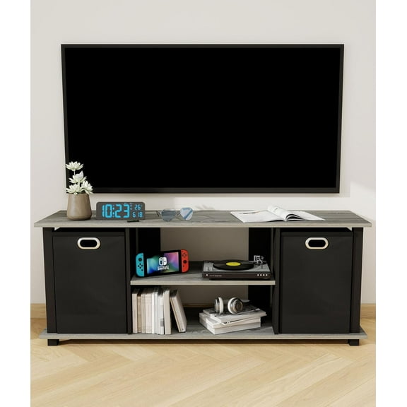 Bedroom TV Stand with 2 Bins, TV Entertainment Center with Storage for TVs Up to 50", Wooden TV Stand for Bedroom, Living Room