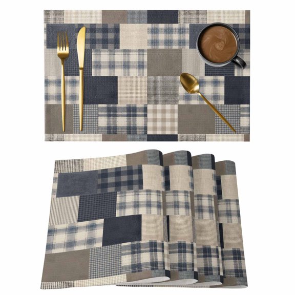 Plaid Block Placemats Set of 12, Vintage Minimalist Brown Black Gingham Patchwork Grid Non-Slip Place Mats Washable Table Mats for Kitchen Dining Table Decorations Indoor/Outdoor