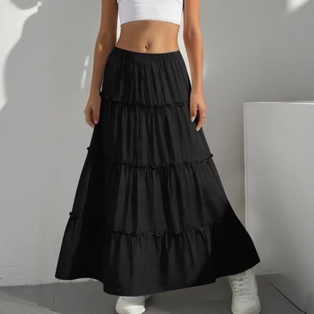 Girls Long Maxi Skirt Summer Boho Flowy Flared Ruffle Skirts Beach Vacation Going out Dress Black 10-11Y