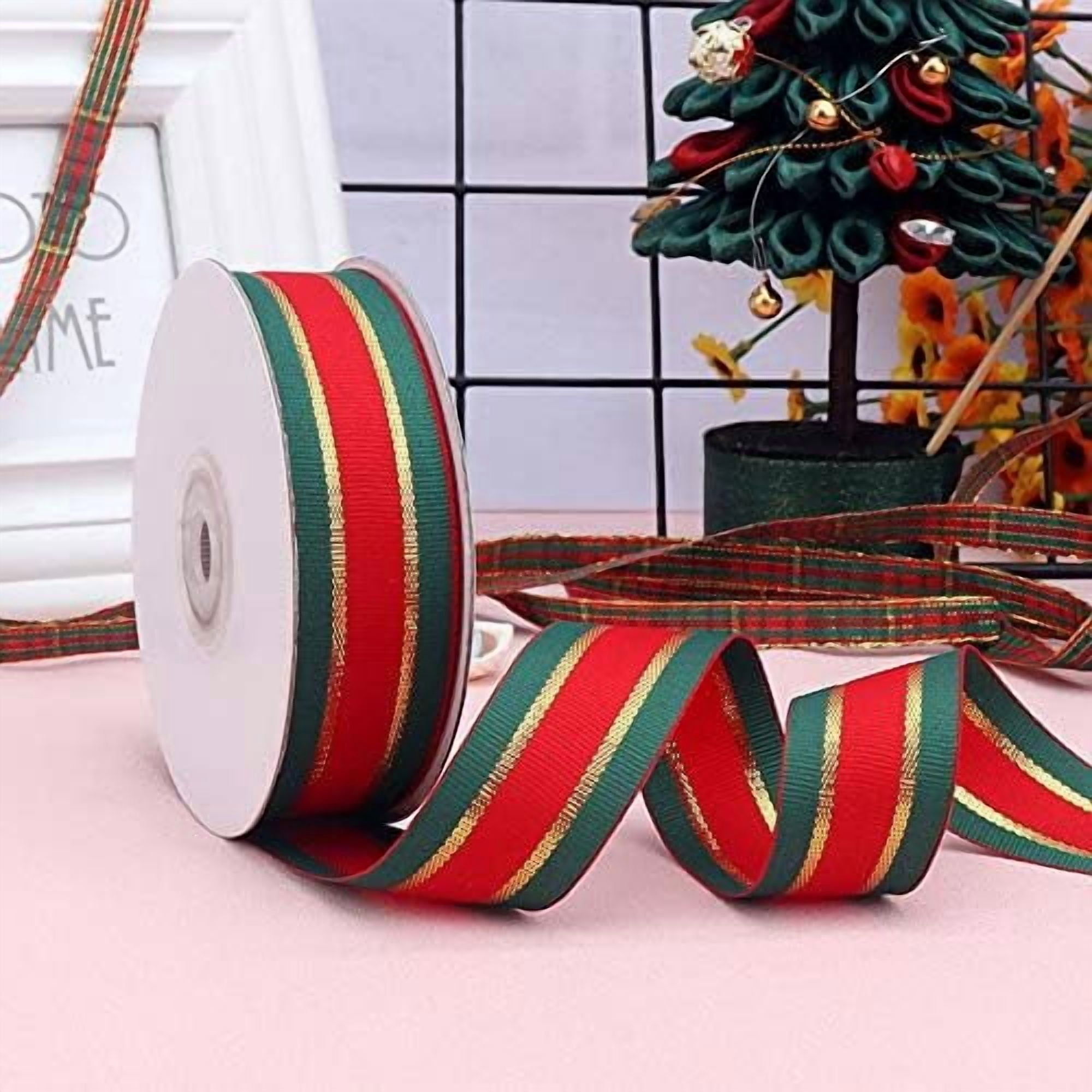 Christmas Checkered Plaid Ribbon 25 Yard Each Roll 100% Polyester Woven Edge Gingham Ribbon for Christmas Crafts, Gift Wrapping Red/Green/Gold (1 Inch(25mm))