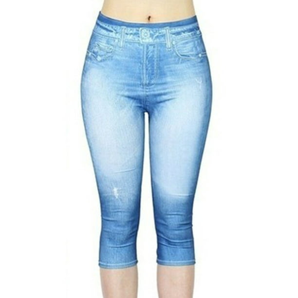 Innerwin Cropped Fake Jeans Tummy Control Women Look Print Jeggings Yoga  Butt Lifting Skinny Capri Denim Leggings Light Blue M 