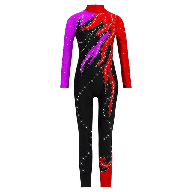 CHICTRY Filles Enfants Justaucorps Intégral à Manches Longues Scintillant en Strass Combinaison une Pièce Justaucorps Violet&Rouge 10