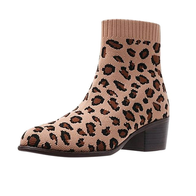jovati Womens Chunky Heel Knitted Elastic Boots Children Leopard Print Shoes