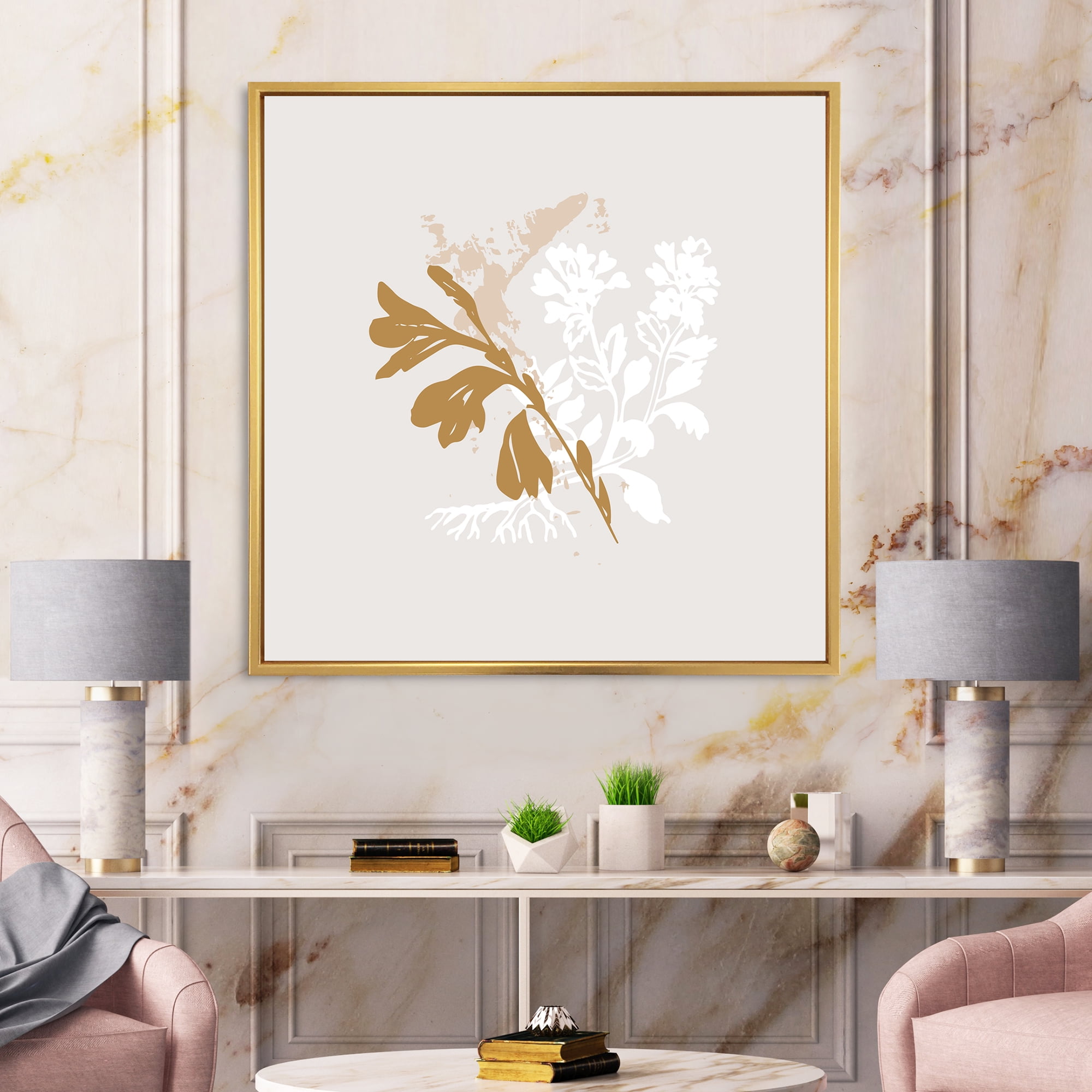 Designart 'Minimal Botanical Design In White and Brown' Traditional Framed Canvas Wall Art Print