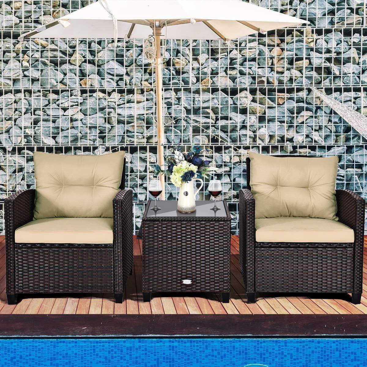3-Piece Outdoor Patio Sofa Set with Washable Cushions and Tempered Glass Tabletop, Beige