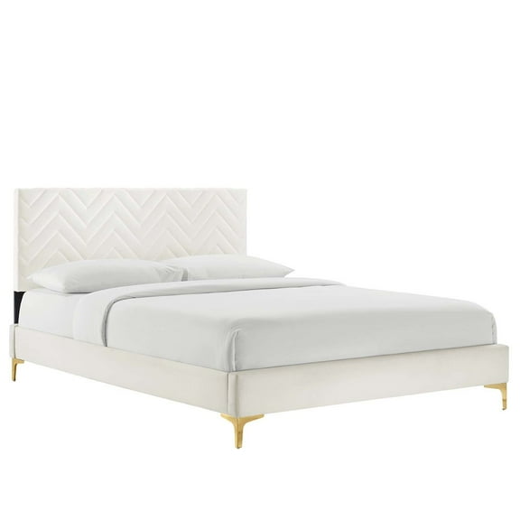 Modway Leah Chevron Tufted Performance Velvet Queen Platform Bed in White