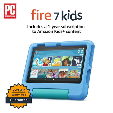 Fire 7 Kids tablet, 7" display, ages 3-7, with ad-free content kids love, 2-year worry-free guarantee, parental controls, 16 GB, (2022 release), Blue