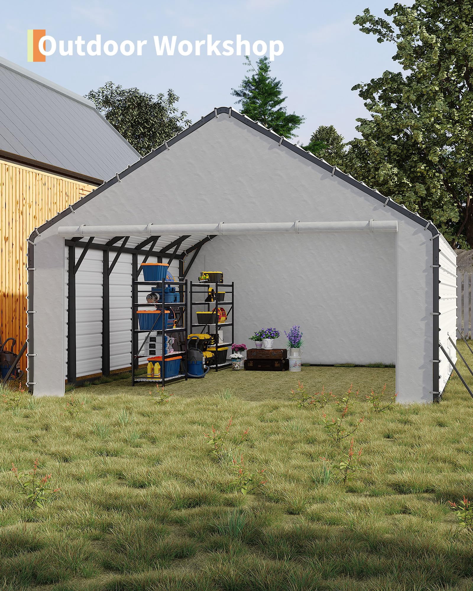 Heavy-Duty PE Enclosure Kit (2-Pack) for Metal Carport - 220gsm Roll-Up Zipper Door Panels for 20x25, 20x20 ft, with Ball Bungees, White
