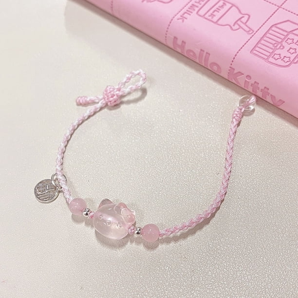 Pulsera de resina rosa con diseño de gato Hello Kitty para mujer y niña, cuerda rosa tejida hecha a mano, etiqueta de la suerte de plata, regalo de joyería