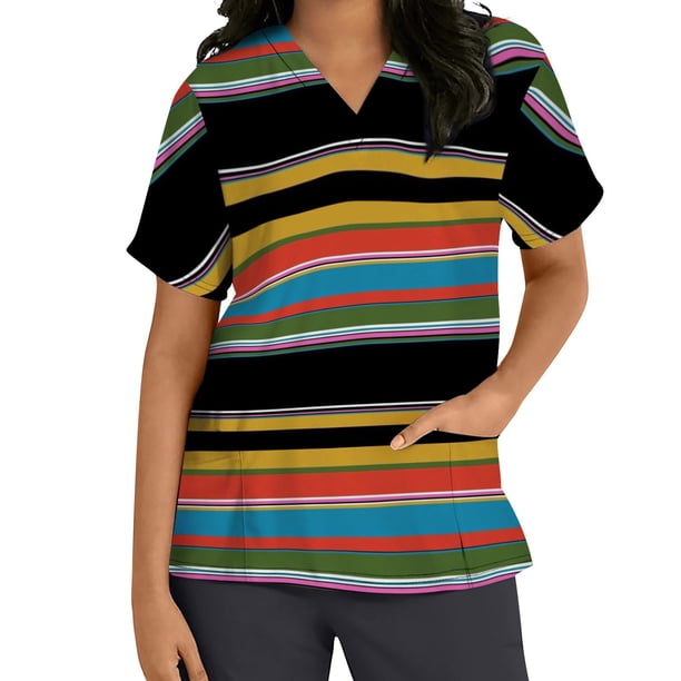 Tops de mujer Blusa de manga corta con cuello en V Uniforme de trabajo Estampado de rayas con blusa de tres bolsillos Pompotops hkajfhjk463920