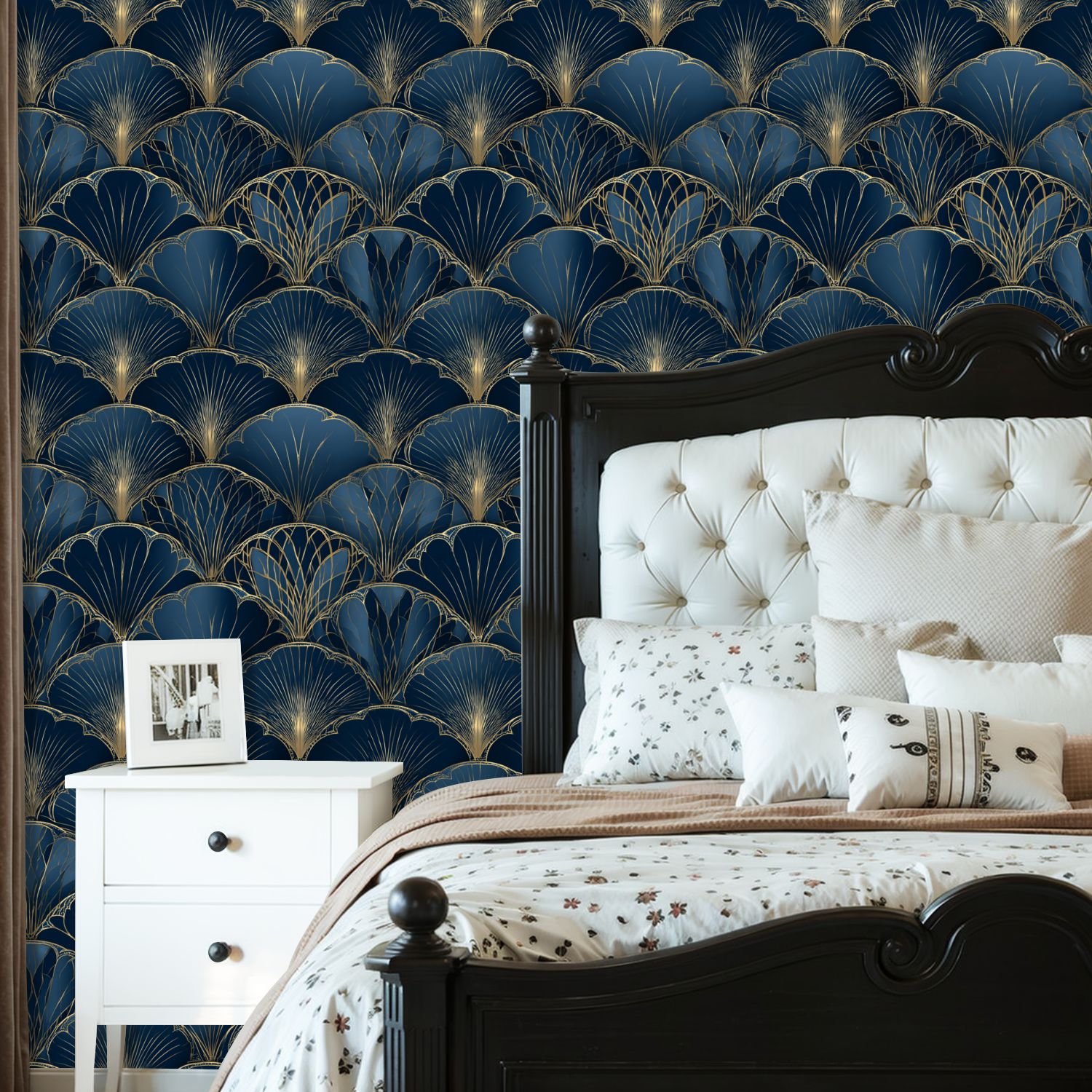 Vintage Peel and Stick Wallpaper Elegant Blue Gold Art Deco Fan Wall Mural 23.6in x 9.8ft Self Adhesive Removable Wall Paper Renter Friendly Wallpaper for Nursery Bedroom Cabinets