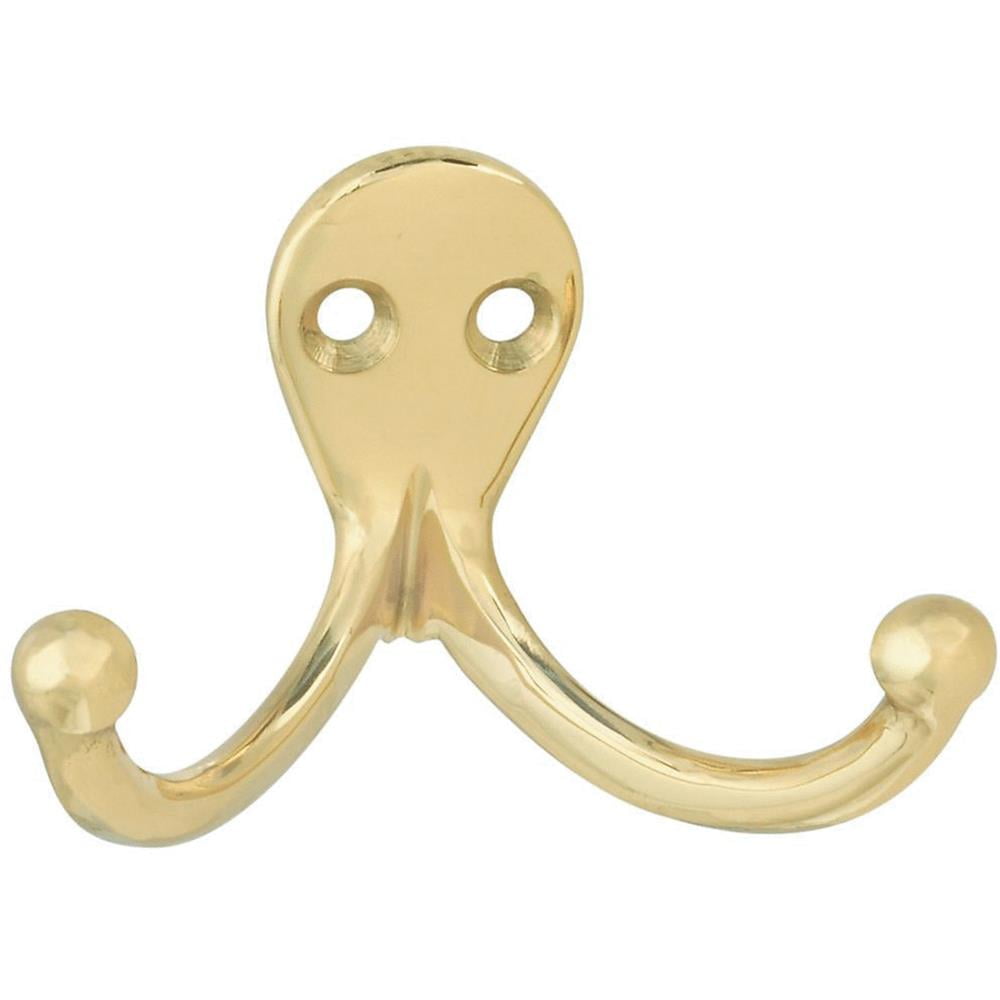 Wall Hook for Clothes, Double Prong, Polished Solid Brass