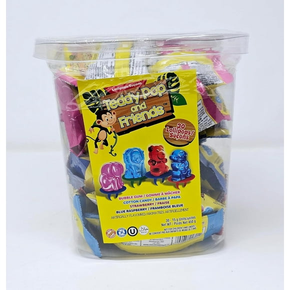 Teddy Pop and Friends Lollipops - Bubble Gum, Cotton Candy, Strawberry, & Blue Raspberry Flavour - 30 Counts