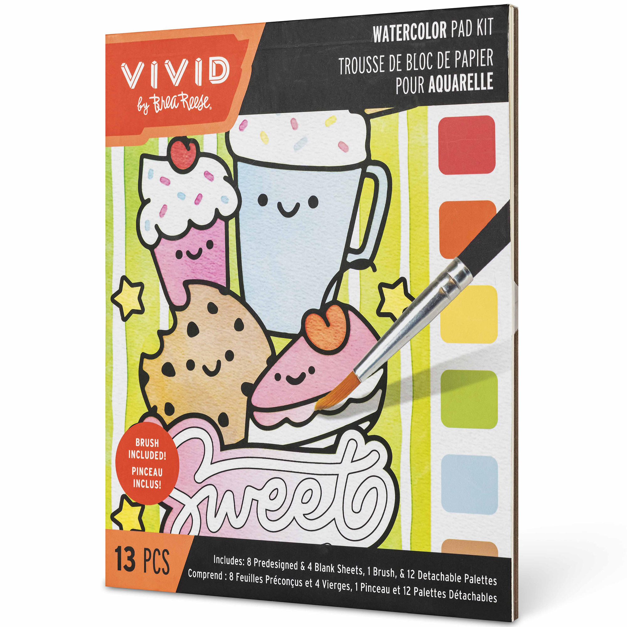 Vivid by Brea Reese: Watercolor Pad Kit - Kawaii Food - 8 Playful Food & Dessert Designs, 4 Blank Sheets, 12 Detachable Paint Palettes, Brush, DIY Art