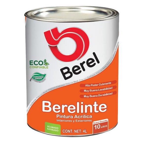 pintura berel berelinte vinil acrílica interior/exterior 4l color blanco satinado