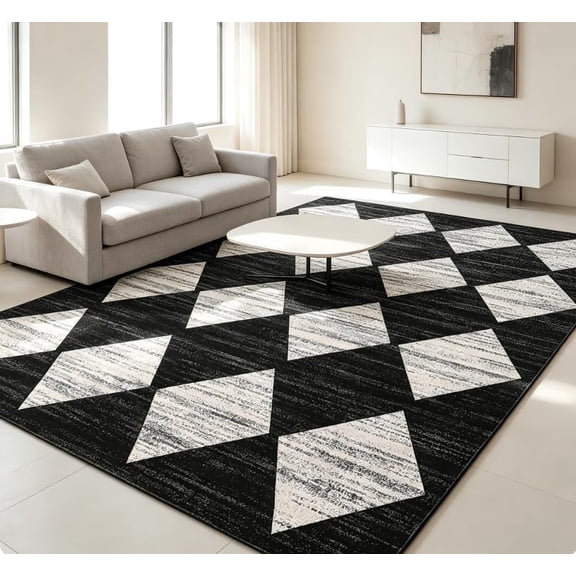 9x12 Washable Area Rug, Low Pile Faux Wool Trellis Checkered Carpet with Non-Slip TPR Backing for Living Room, Bedroom, Office, Dining Room,black
