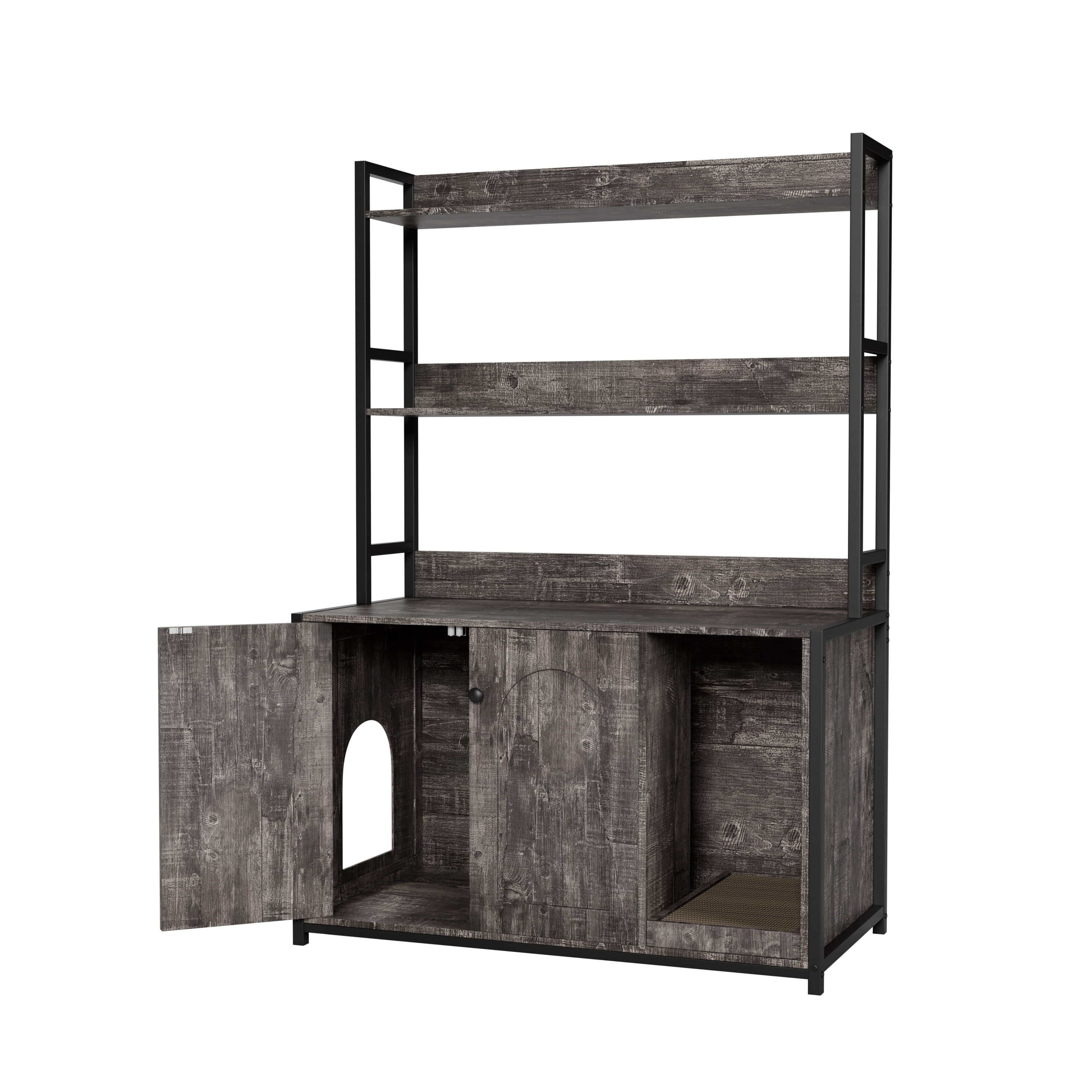 ZephyPaws Litter Box Enclosure with 3 Shelves and Doors,Large Wood Cat Litter Box Furniture Hidden with Storage,Fit Most of Litter Box,Grey