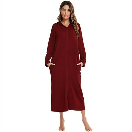 

Magazine Women Zipper Robe Long-sleeved Full Length Bathrobe with Pockets and Hood
