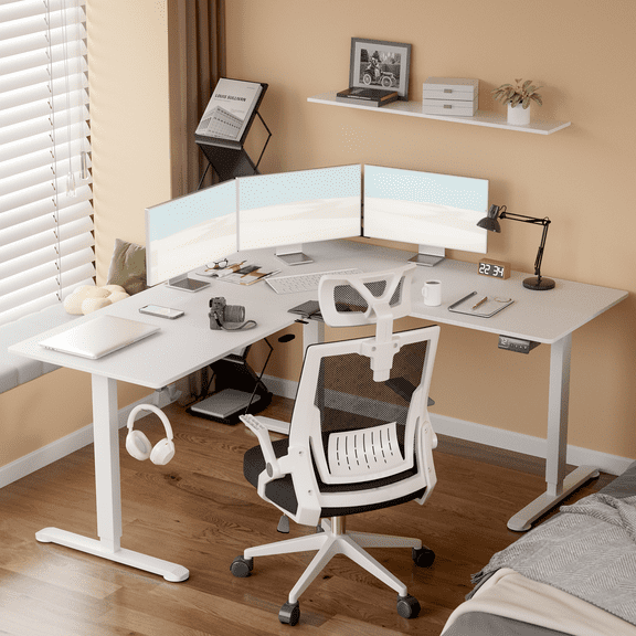 Furmax L-shaped Standing 63" W Electric Height Adjustable Computer Desk Sit-Stand Corner Desk for Home Office Lifting Range 28~46in with Memory Preset Controller, White