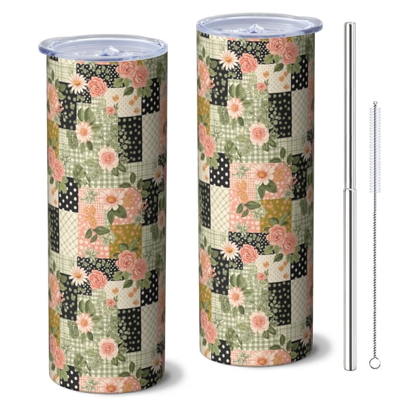 Pioneer Flower Floral Print Pattern 20oz Skinny Tumbler with Straw & Lid, Double Wall Vacuum Insulated Cup, Leak-Proof, Cup Holder Friendly, Hot 6H Cold 12H