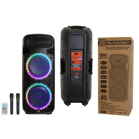 MR DJ PBX6300BAT 4500 Watts Dual 15 Rechargeable PA DJ Party Speaker Bluetooth Light Echo MIC