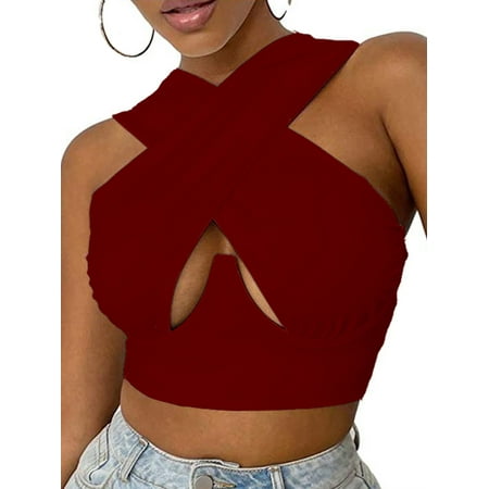 

FOCUSNORM Criss Cross Halter Tops for Women Sexy Cutout Wrap Crop Top Push Up Bustier Corset Basic Tank Vest