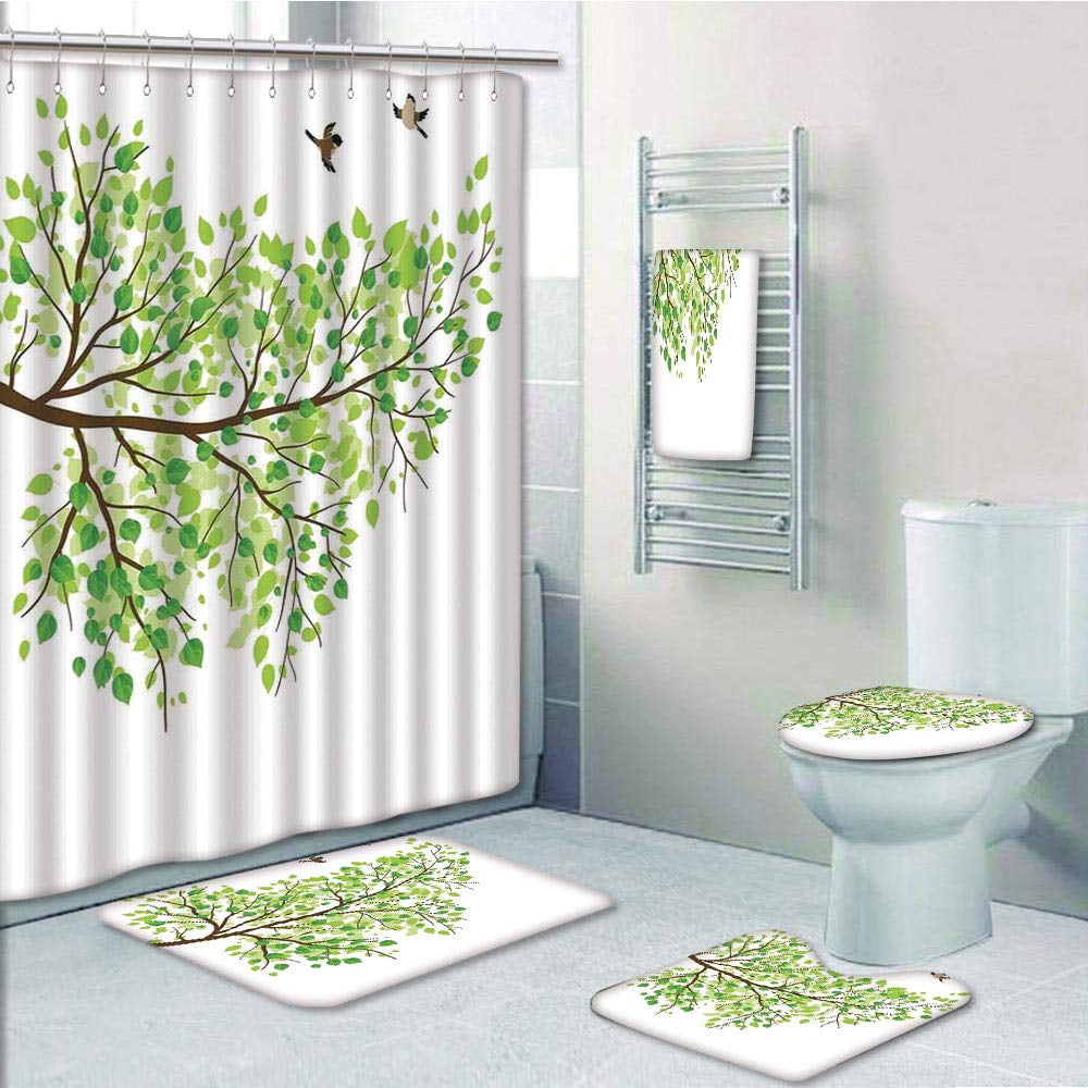 Hummingbird Bathroom Rug Set Shower Curtain Bath Mat Non-Slip Toilet Lid Cover 