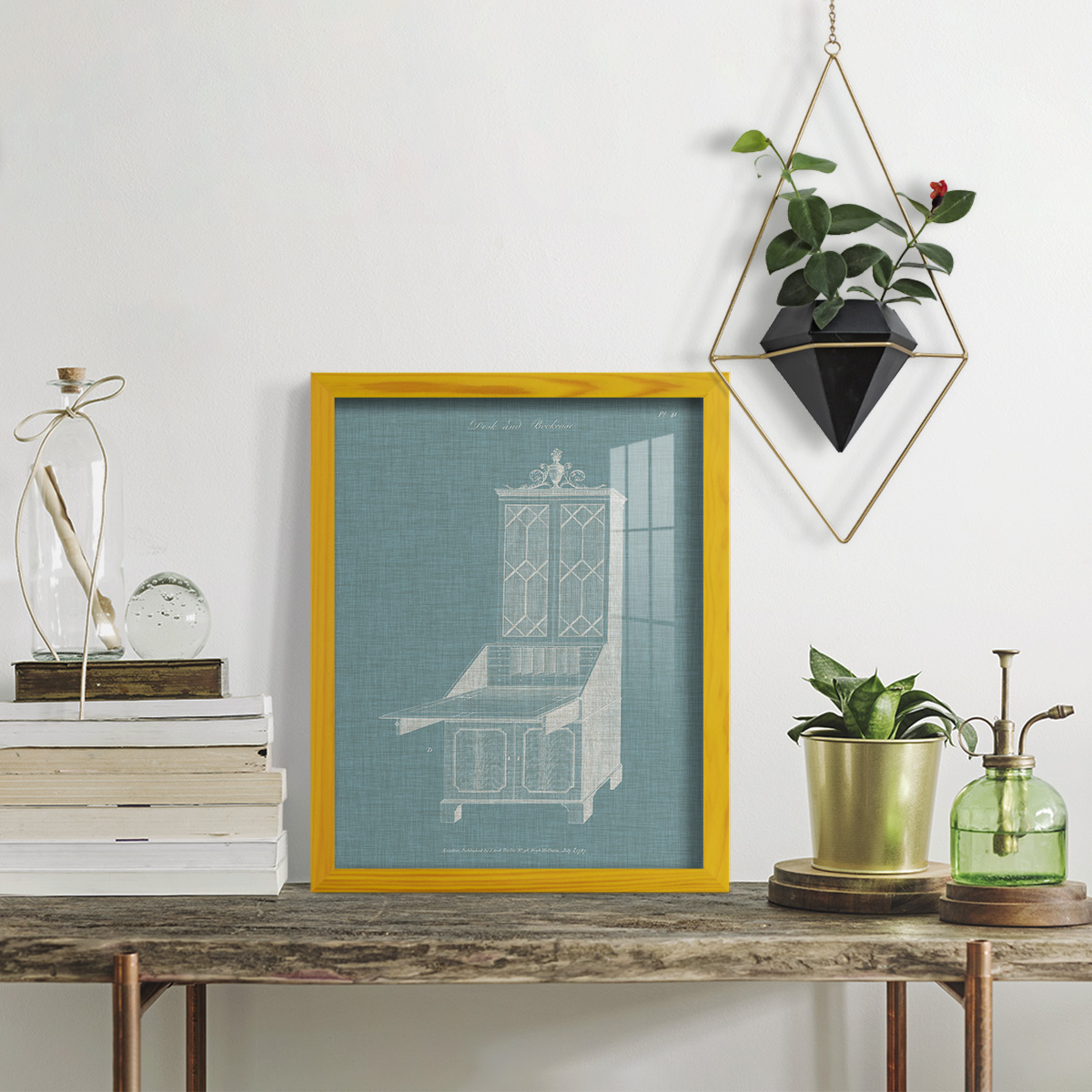 Hepplewhite Desk & Bookcase IV - Framed Print w/glass - Sunflower Yellow