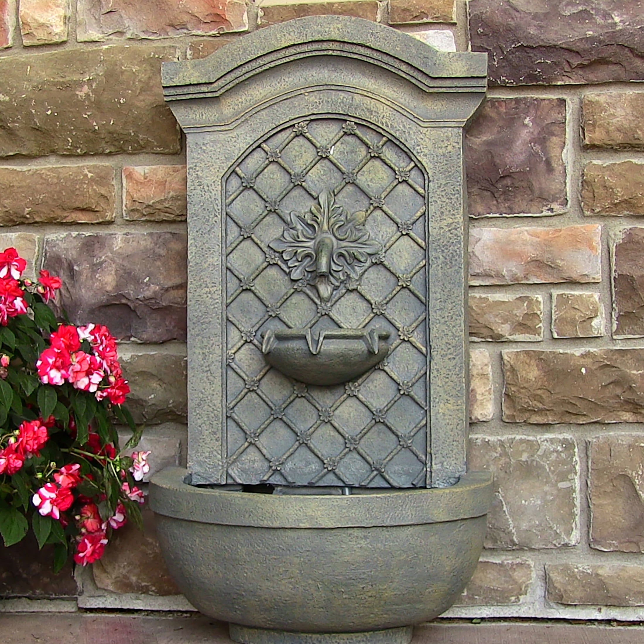 Sunnydaze Rosette Leaf Polystone Outdoor Wall Fountain, French Limestone Finish
