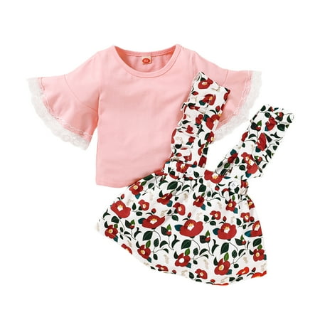

NZRVAWS Toddler Girls Fall Outfits 2 Years Baby Girls Solid Color Pagoda Sleeve 3 Years Baby Girls Top Floral Print Straps Suspender Skirts 2Pcs Fall Clothes Set Pink