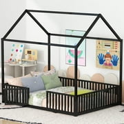 Bellemave Full Size Floor Bed for Kids, Metal Montessori Toddler Bed with Door and Fence, House Bed Frame for Toddler Kids Boys Girls (Slats Not Include)-Black