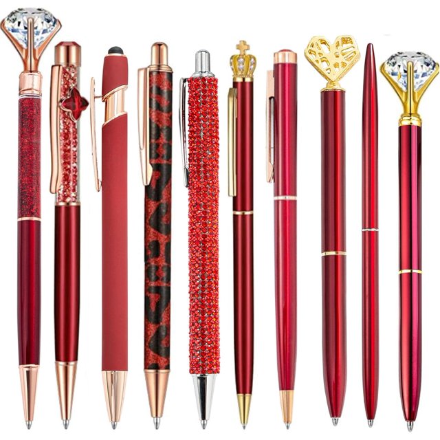 HAHDAXIA 10 Pcs Stylos à Bille Pailletés Rouges, Stylos d'Écriture Confortables, Stylos Mignons Rétractables en Métal Jolis pour le Journal en Vrac, Encre Noire Pointe Moyenne (1,0 mm)