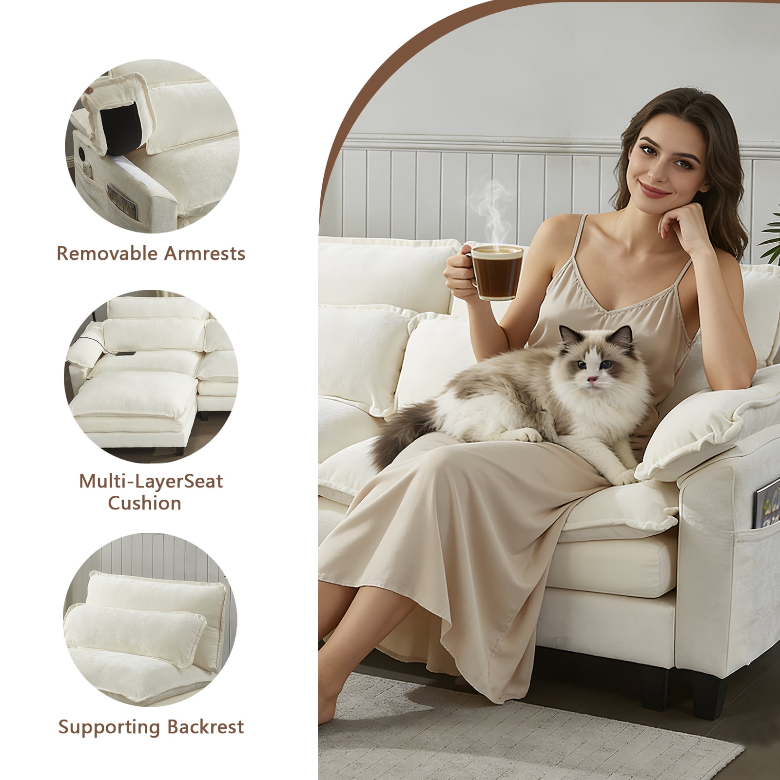 Aisword 113" Modular Sectional Sofa,L Shaped Modern Cloud Couch with Ottoman,3-Seat Chenille Deep Seat Sofa,USB Port,Beige