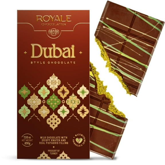 Royale Chocolatier Large Dubai Chocolate Bar 200 grGrade-A Pistachio and Knafeh  Gooey Filling  Coverture Cocoa Butter  White Chocolate Drizzle  No Preservatives or Artificial Coloring
