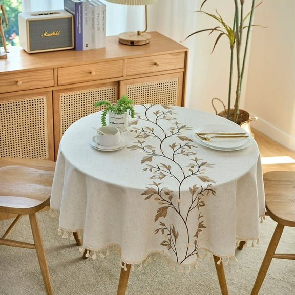 Round Tablecloth with Tassels, Embroidery Leaf Pattern Cotton Linen Table Cloths, Farmhouse Wrinkle Free Table Cover for Dining Party (Round, 55 Inch)
