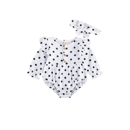 

Xingqing Newborn Baby Girls Bodysuit Polka Dot Ruffles Romper Headband Outfit White 12-18 Months