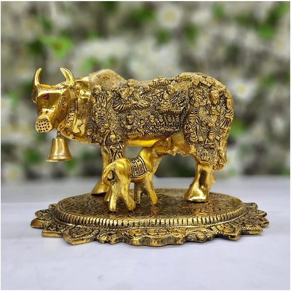 Kamdhenu Statue Cow with Calf Statue in Brass Indian Wedding Gift Cow and Calf Idol for Return Gift Handcrafted Cow with Calf Showpiece for Home Decor Housewarming Gift Decorative - AtoZ India Cart