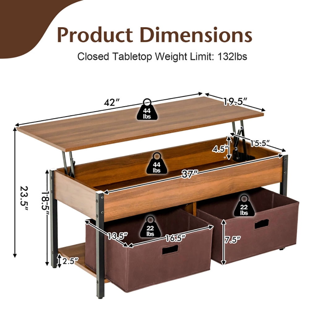Finihen Rectangular Coffee Table, Lift Top Coffee Table, Central Table with Drawers and Hidden Compartment, for Living Room, Reception Room, Brown