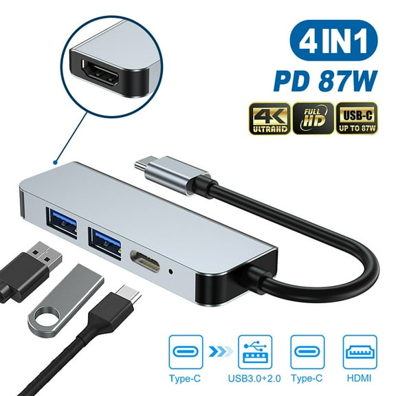 USB C Hub, 4-in-1 Type C to 4K HDMI, USB 3.0, USB 2.0, USB C Female 87W PD Adapter Thunderbolt 3 Compatible, Work for MacBook Pro/Air 2018 2019, iPad Pro, Surface Book 2, Dell XPS 13/15
