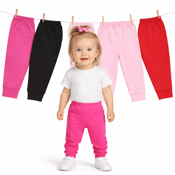 Paquete con 4 Pantalones Suaves para Bebé Niña combinación de colores fuertes, Baby Planet México, Talla 2 a 4 Años, 100% Algodón.