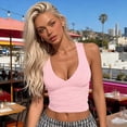 thumbnail image 2 of IDOCLOTHES Deep V Neck Ruched Cropped Tank Tops for Women Summer Casual Slim Fit Sleeveless Going Out Crop Camisole Shirts Pink S, 2 of 6